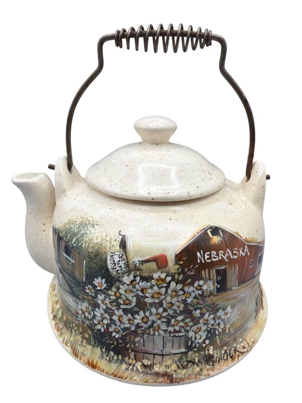 Vintage Nebraska Souvenir Enamelware Teapot Hand Painted Farm Scene Wildflowers
